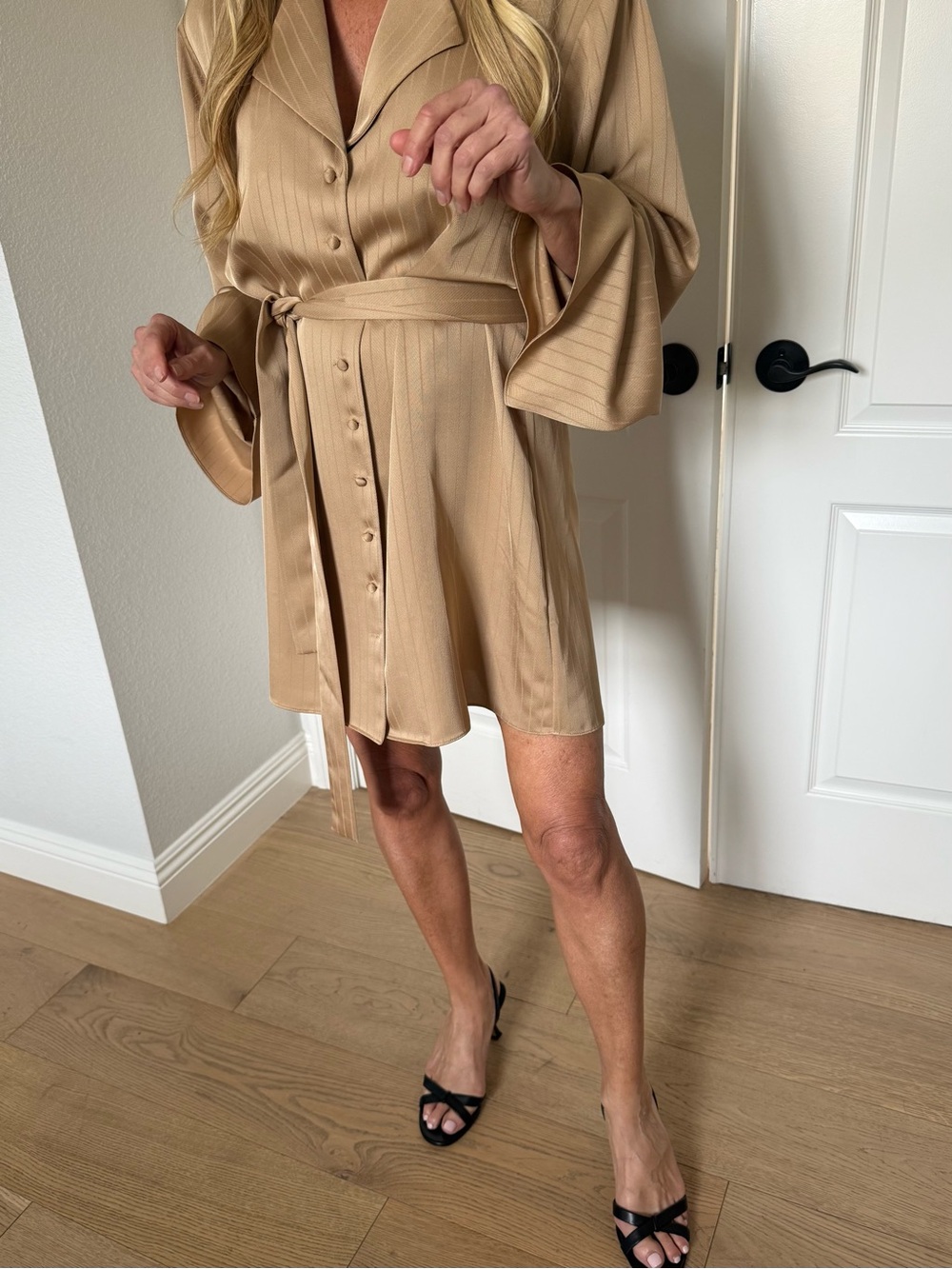 LPA Tan Pinstripe Satin Mini Shirt Dress